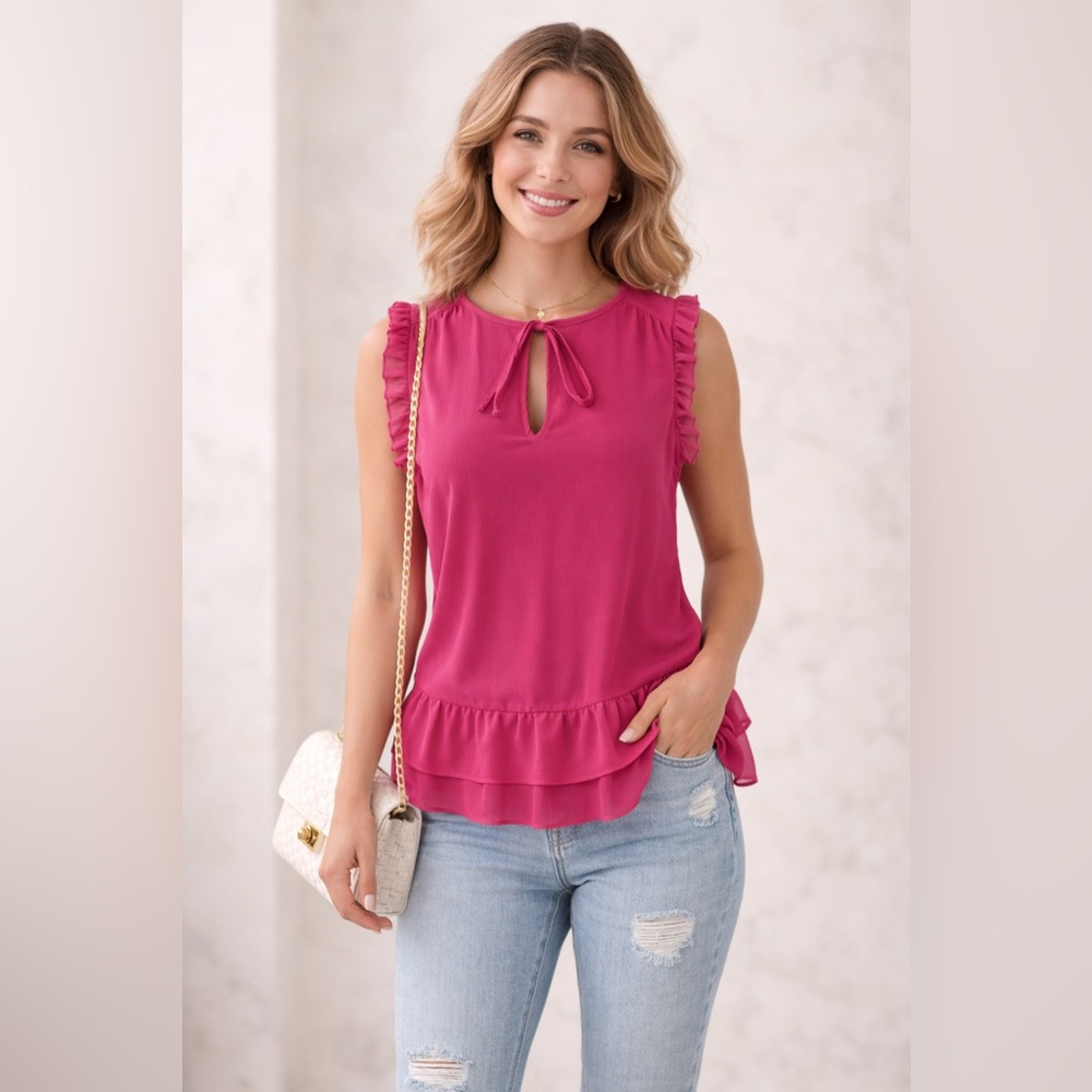 KAARI Blue Raspberry Pink Ruffle Blouse Small Feminine Tie Neck Top